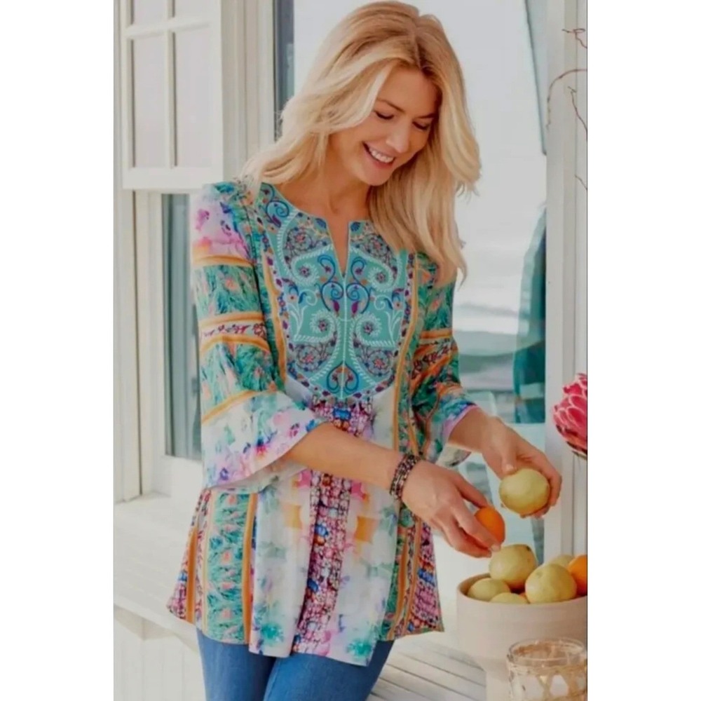 Soft Surroundings Tunic Women XL Multicolor Boho Floral Embroidered bell sleeve